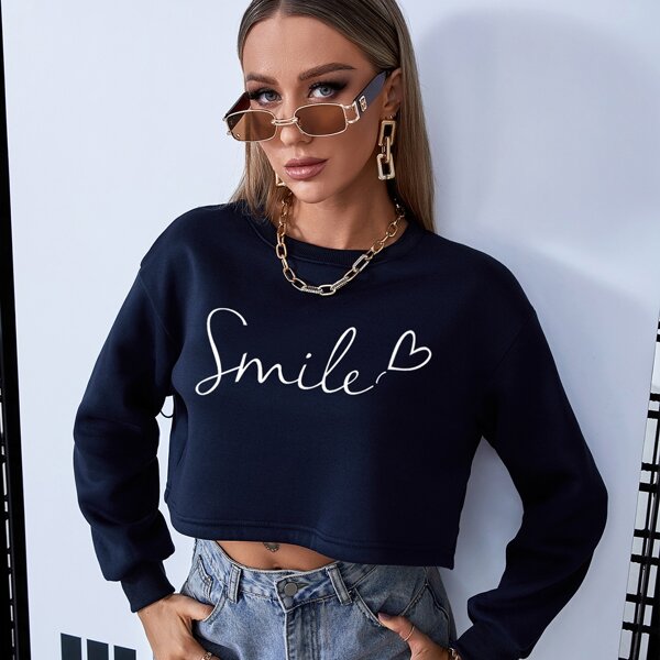 

Heart & Letter Graphic Crop Sweatshirt, Navy blue