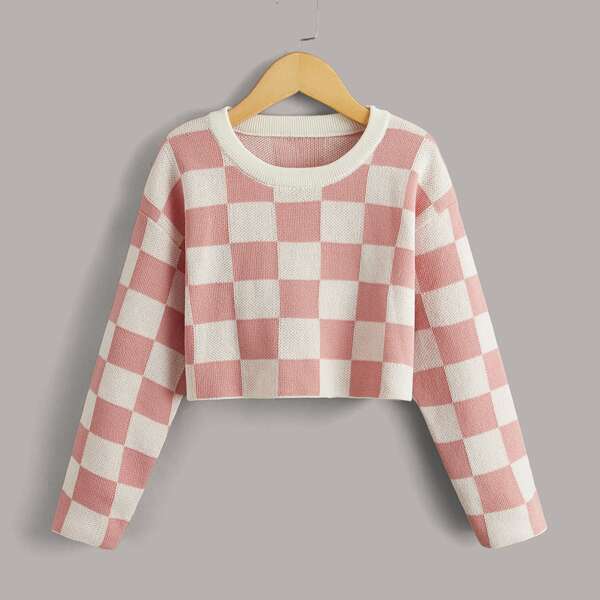 

Girls Checkerboard Drop Shoulder Crop Sweater, Multicolor