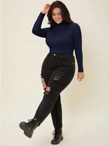 SHEIN BASICS 加羅紋針織高領 T 卹 - 藏蓝色 - 查看 5