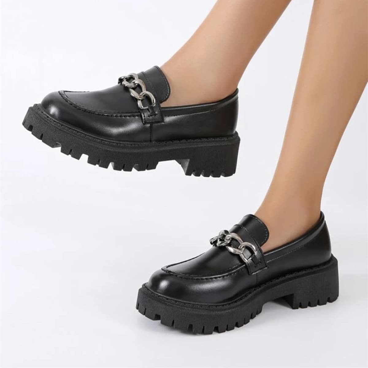 

Chain Decor Flatform Loafers, Black