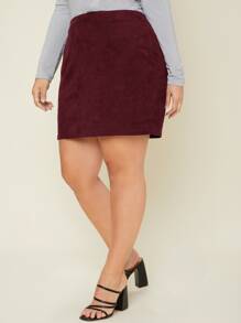 SHEIN 大碼後拉鏈燈芯絨包臀半身裙 - 酒紅色 - 查看 1