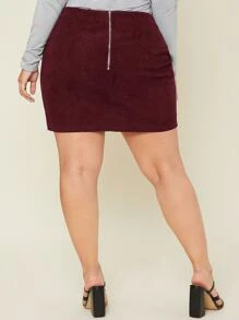 SHEIN 大碼後拉鏈燈芯絨包臀半身裙 - 酒紅色 - 查看 2