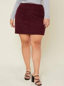 SHEIN 大碼後拉鏈燈芯絨包臀半身裙 - 酒紅色 - 查看 3