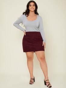 SHEIN 大碼後拉鏈燈芯絨包臀半身裙 - 酒紅色 - 查看 4