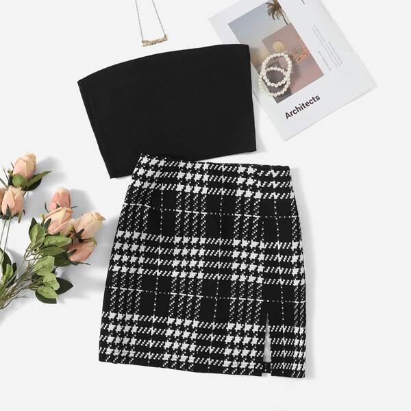 

Crop Bandeau Top & Plaid Skirt, Black and white