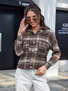 Plaid Print Flap Pocket Drop Shoulder Overcoat - Multicolor - View 1