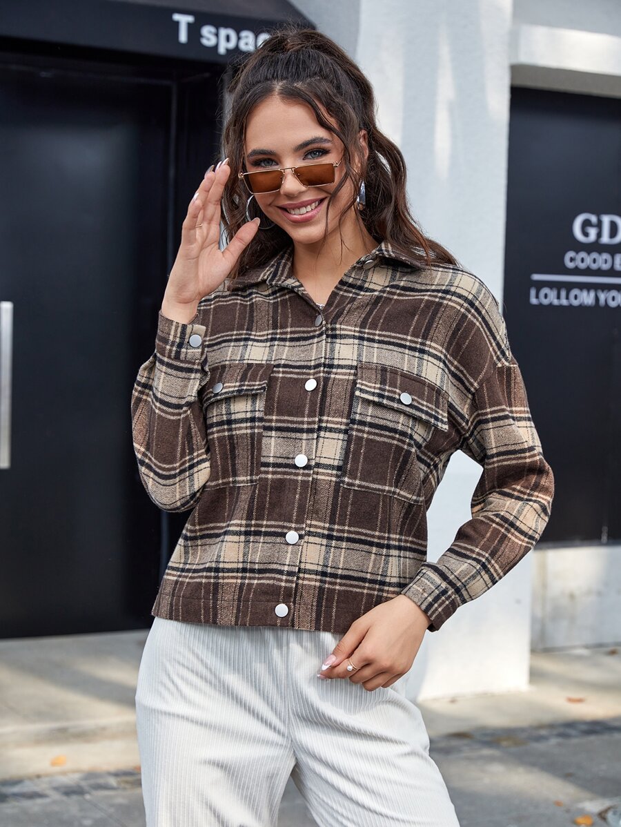 Plaid Print Flap Pocket Drop Shoulder Overcoat - Multicolor - View 1