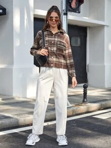 Plaid Print Flap Pocket Drop Shoulder Overcoat - Multicolor - View 3