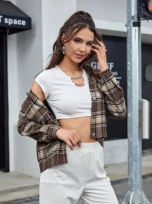 Plaid Print Flap Pocket Drop Shoulder Overcoat - Multicolor - View 4