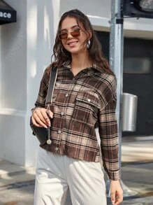 Plaid Print Flap Pocket Drop Shoulder Overcoat - Multicolor - View 5