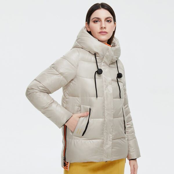 

Slant Pocket Zipper Detail Drawstring Hooded Puffer Coat, Beige