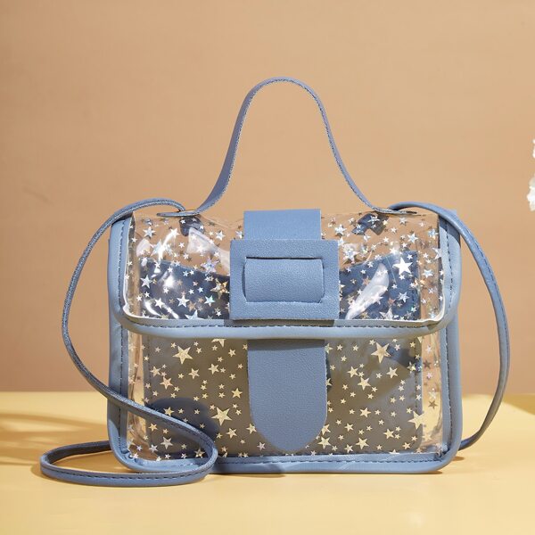 

Clear Star Pattern Flap Square Bag With Inner Pouch, Blue