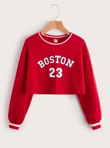 SHEIN Leisure Long Sleeve Teenage Girls' Letter Pattern Pullover Sweatshirt - Red - View 1