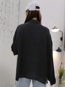 DAZY Patched Pocket Drop Shoulder Shirt - Black - View 2