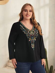 EMERY ROSE Plus Floral Embroidery V Neck Blouse - Black - View 5