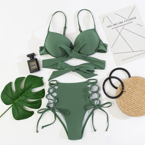 

Wrap Lace Up Push Up Bikini Swimsuit, Army green
