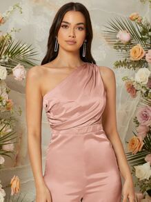 SHEIN Jumpsuit de pierna ancha de un hombro - Rosa vieja - Ver 4