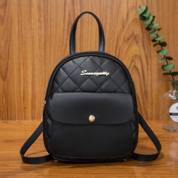 

Quilted Pattern Metal Decor Backpack, Black