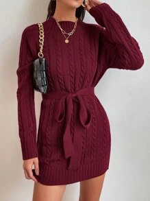 Cable Knit Belted Jumper Dress - Burgundy - View 1