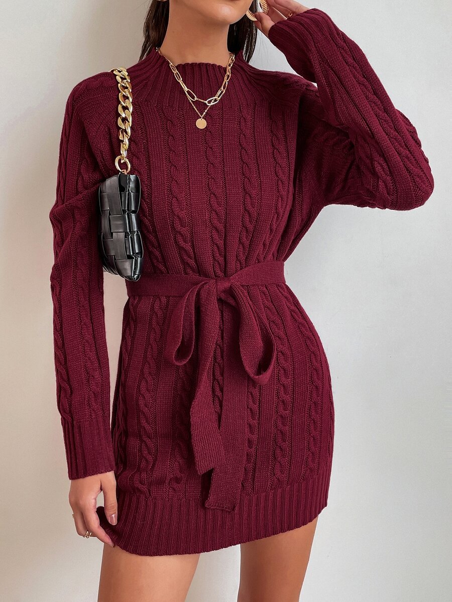 Cable Knit Belted Jumper Dress - Burgundy - View 1