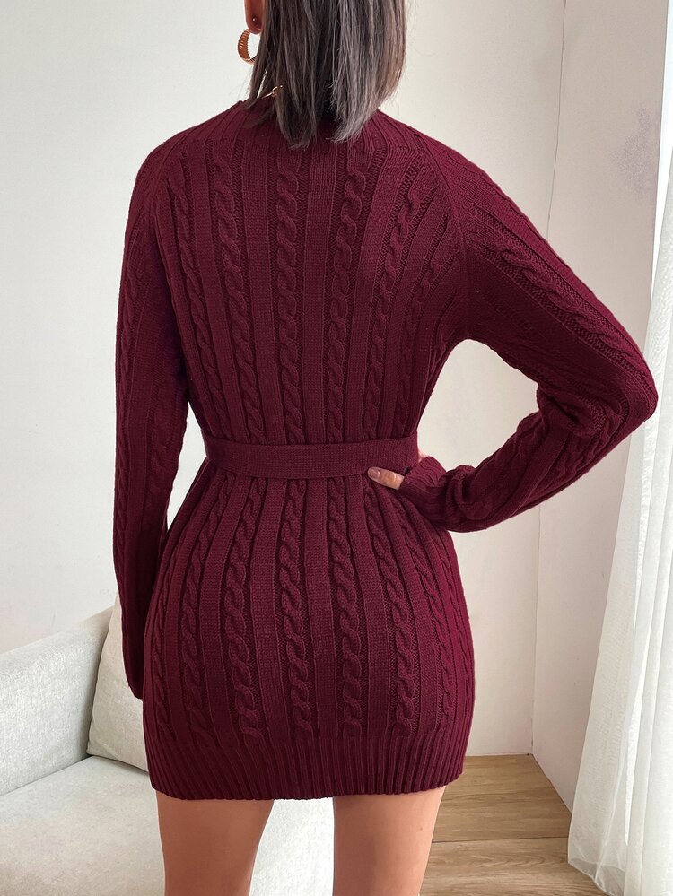 Cable Knit Belted Jumper Dress - Burgundy - View 2