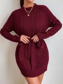 Cable Knit Belted Jumper Dress - Burgundy - View 3