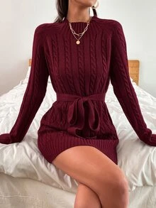 Cable Knit Belted Jumper Dress - Burgundy - View 5