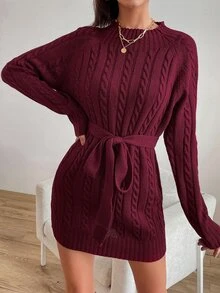 Cable Knit Belted Jumper Dress - Burgundy - View 6