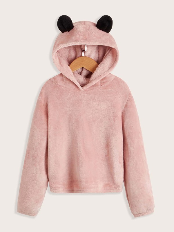 SHEIN Tween Girl Solid Teddy Hoodie With Ears
