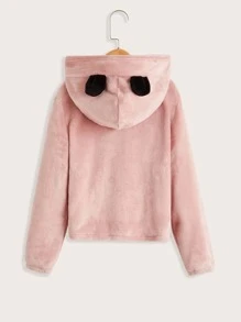 SHEIN Tween Girl Solid Teddy Hoodie With Ears - Baby Pink - View 2