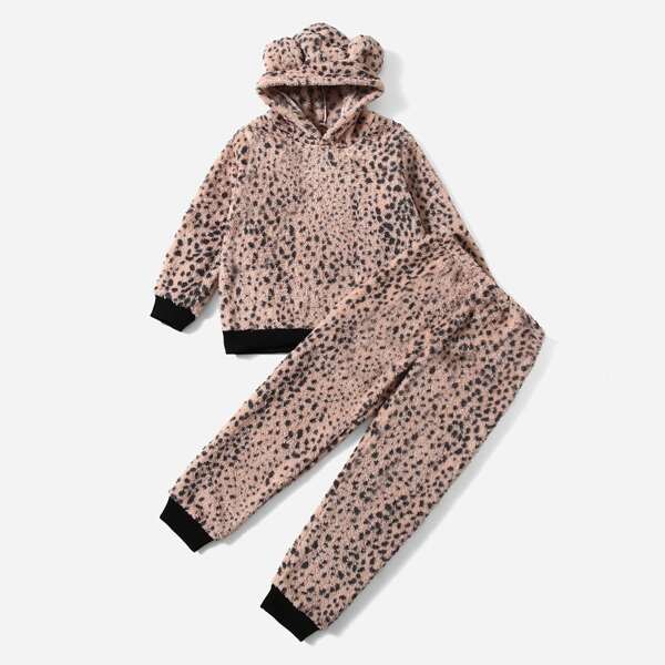 

Пижама с леопардовым принтом с ушками 3D из фланели для девочек, Многоцветный