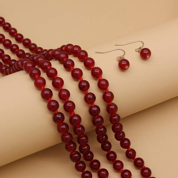 

3pcs Bead Decor Jewelry Set, Red