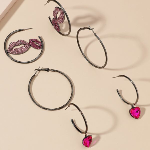 

3pcs Rhinestone Lip Decor Earrings, Multicolor