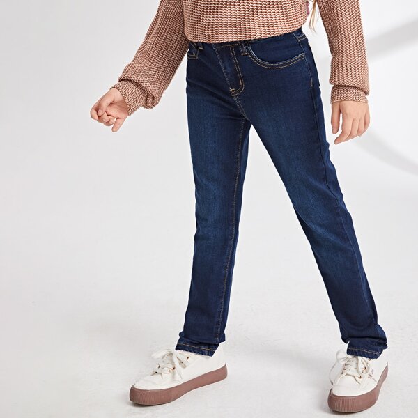 

Girls High Waist Slant Pockets Straight Leg Jeans, Dark wash