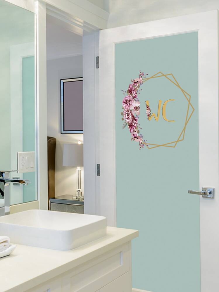 Flower Pattern WC Sign Print Wall Sticker, Toilet Entrance Sign Decal, Bathroom Door Decor, Stickers, Wall Decal, Vinyl Decal For Home Decorations, Spring Decoration Items Refresh Your Home, Festival Decoration Stickers Gifts Birthday Graduation - Multicolor - View 6