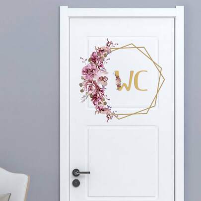Flower Pattern WC Sign Print Wall Sticker, Toilet Entrance Sign Decal, Bathroom Door Decor, Stickers, Wall Decal, Vinyl Decal For Home Decorations, Spring Decoration Items Refresh Your Home, Festival Decoration Stickers Gifts Birthday Graduation