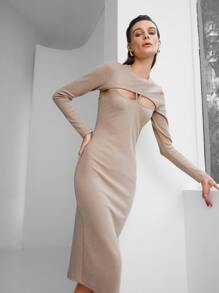 SHEIN Unity Ribbed Knit Halter Dress & Super Crop Top - Khaki - View 2