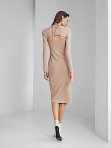 SHEIN Unity Ribbed Knit Halter Dress & Super Crop Top - Khaki - View 3