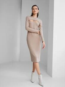 SHEIN Unity Ribbed Knit Halter Dress & Super Crop Top - Khaki - View 4