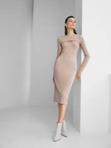 SHEIN Unity Ribbed Knit Halter Dress & Super Crop Top - Khaki - View 5