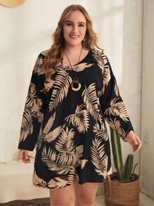 EMERY ROSE Plus Tropical Print Drop Shoulder Tunic Dress - Multicolor - View 1