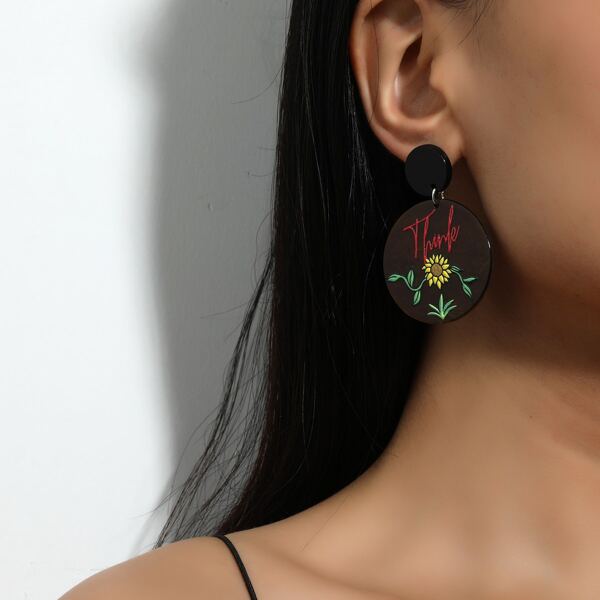 

Flower Pattern Round Drop Earrings, Brown