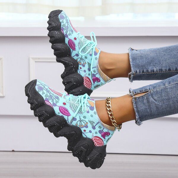 

Plants Graphic Lace up Front Chunky Sneakers, Multicolor