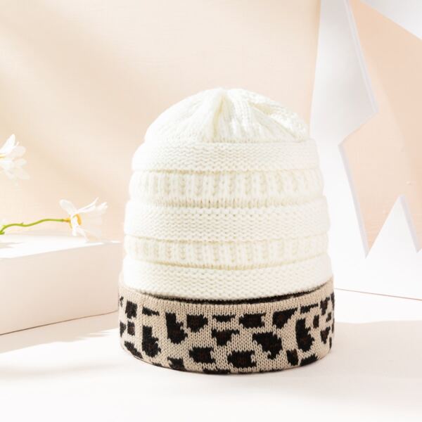 

Leopard Print Knit Beanie, White
