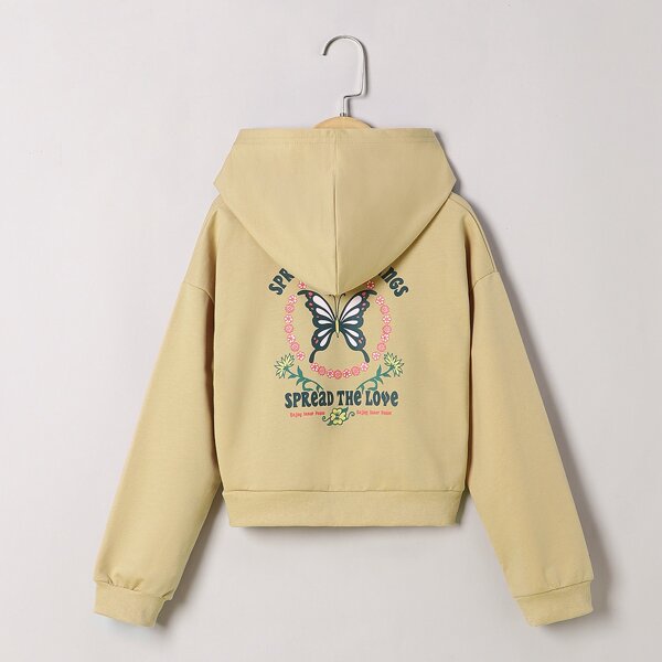 

Girls Butterfly & Slogan Graphic Hoodie, Khaki