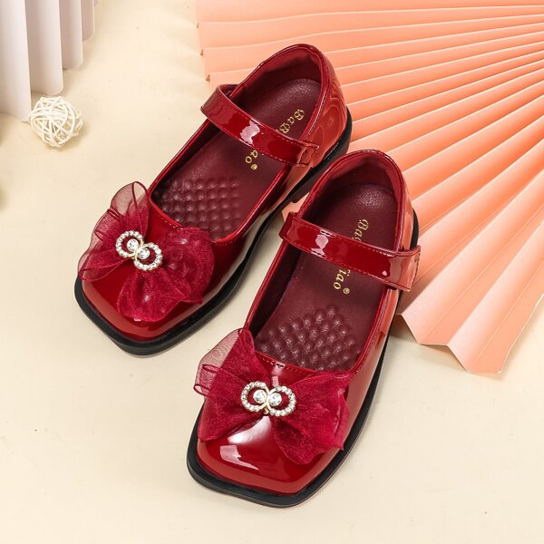 

Girls Bow Decor Velcro Strap Flats, Red