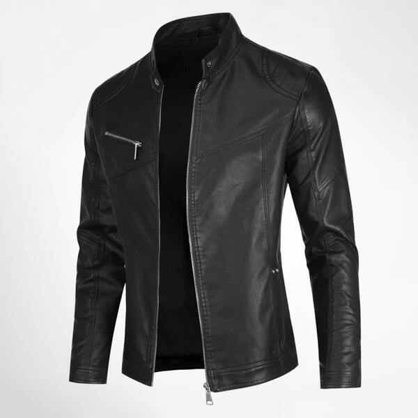 

Men Zip Up PU Leather Solid Jacket, Black