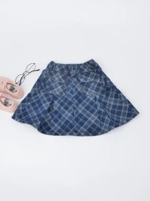 女孩格紋翻蓋口袋褶皺面料牛仔半身裙