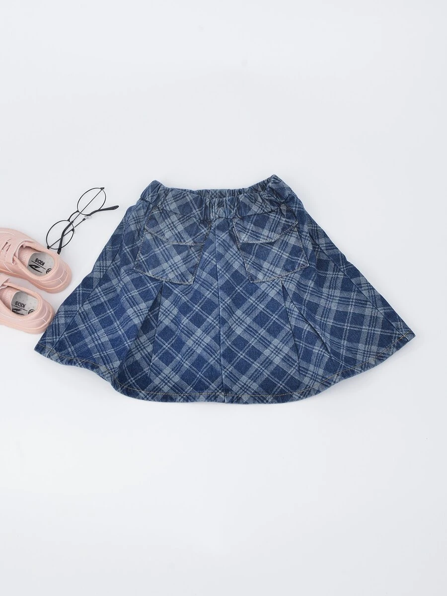 女孩格紋翻蓋口袋褶皺面料牛仔半身裙