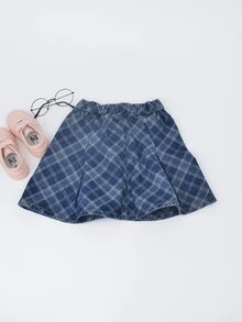 女孩格紋翻蓋口袋褶皺面料牛仔半身裙